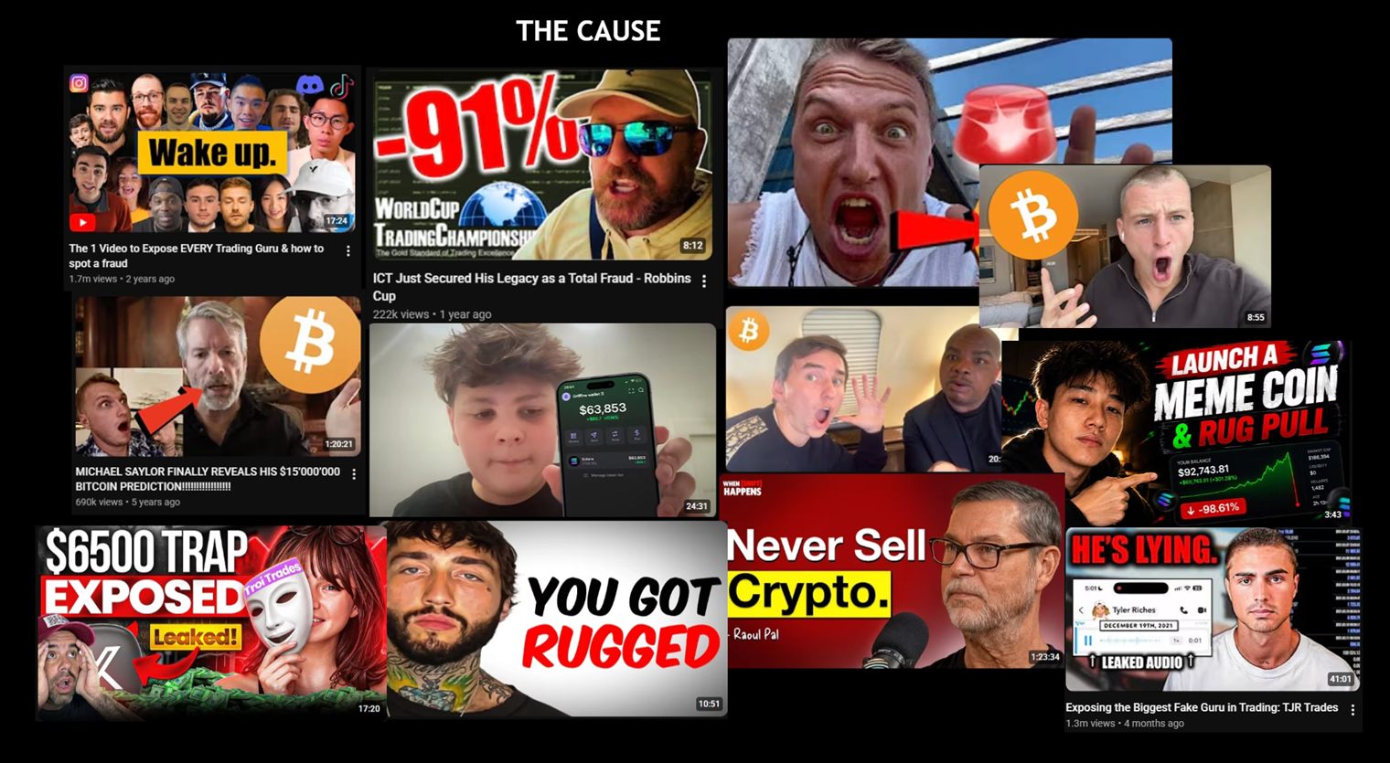 A wall of trading guru YouTube thumbnails: exposes, rug pulls and moon promises