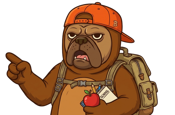 Spitty's back-to-school bulldog pointing at the offer