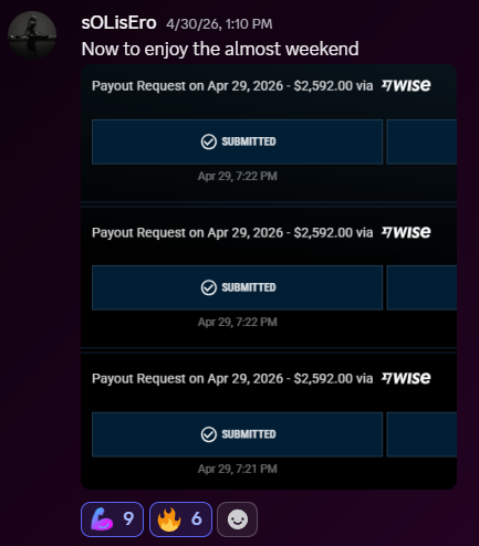 Three separate 2,592 dollar payout requests submitted the same day via Wise
