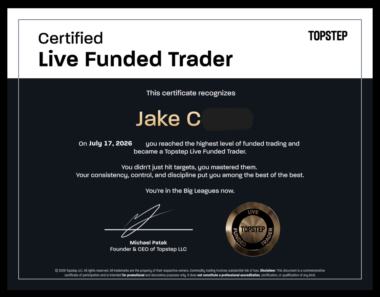 Topstep certificate: Certified Live Funded Trader, Jake C, 17 July 2026