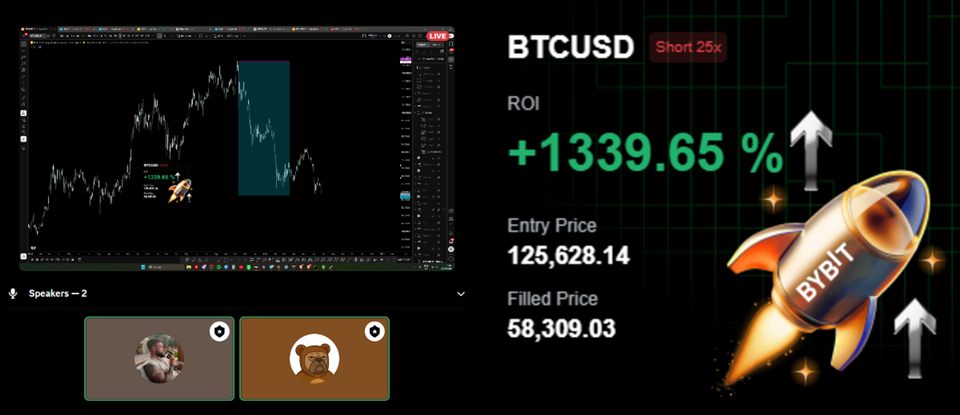 BTCUSD short - +1,339% ROI at 25x, entry $125,628, called live on stream